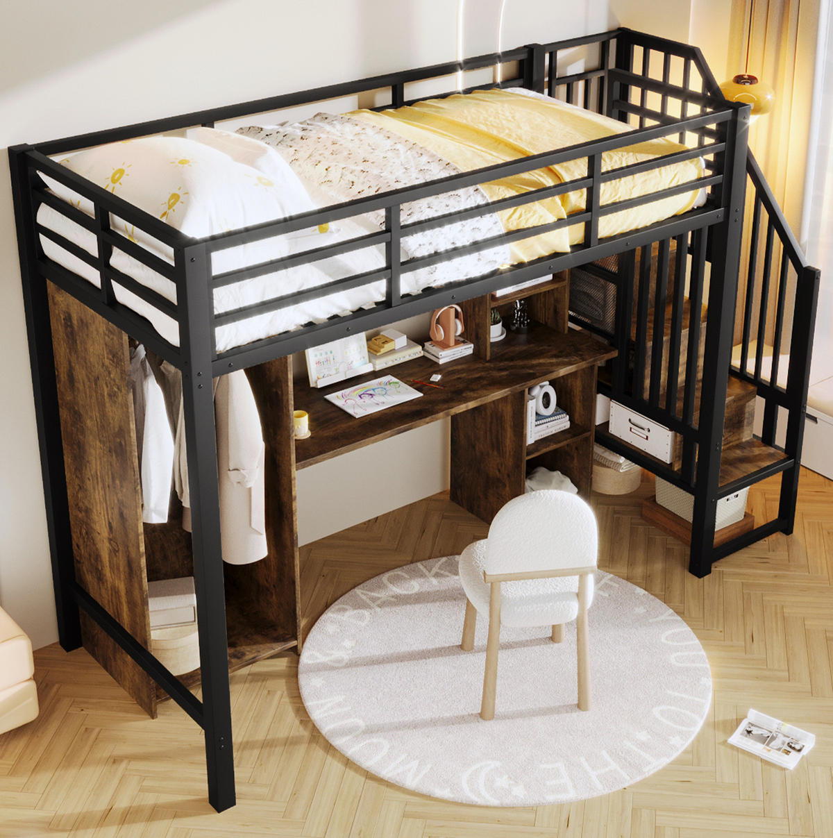 HOCHBETT aus Metall und MDF 90x200 cm Schwarz mit Kleiderschrank, Schreibtisch und Stauraumtreppe - Schwarz, Metall (90/200cm) - IVMEU
