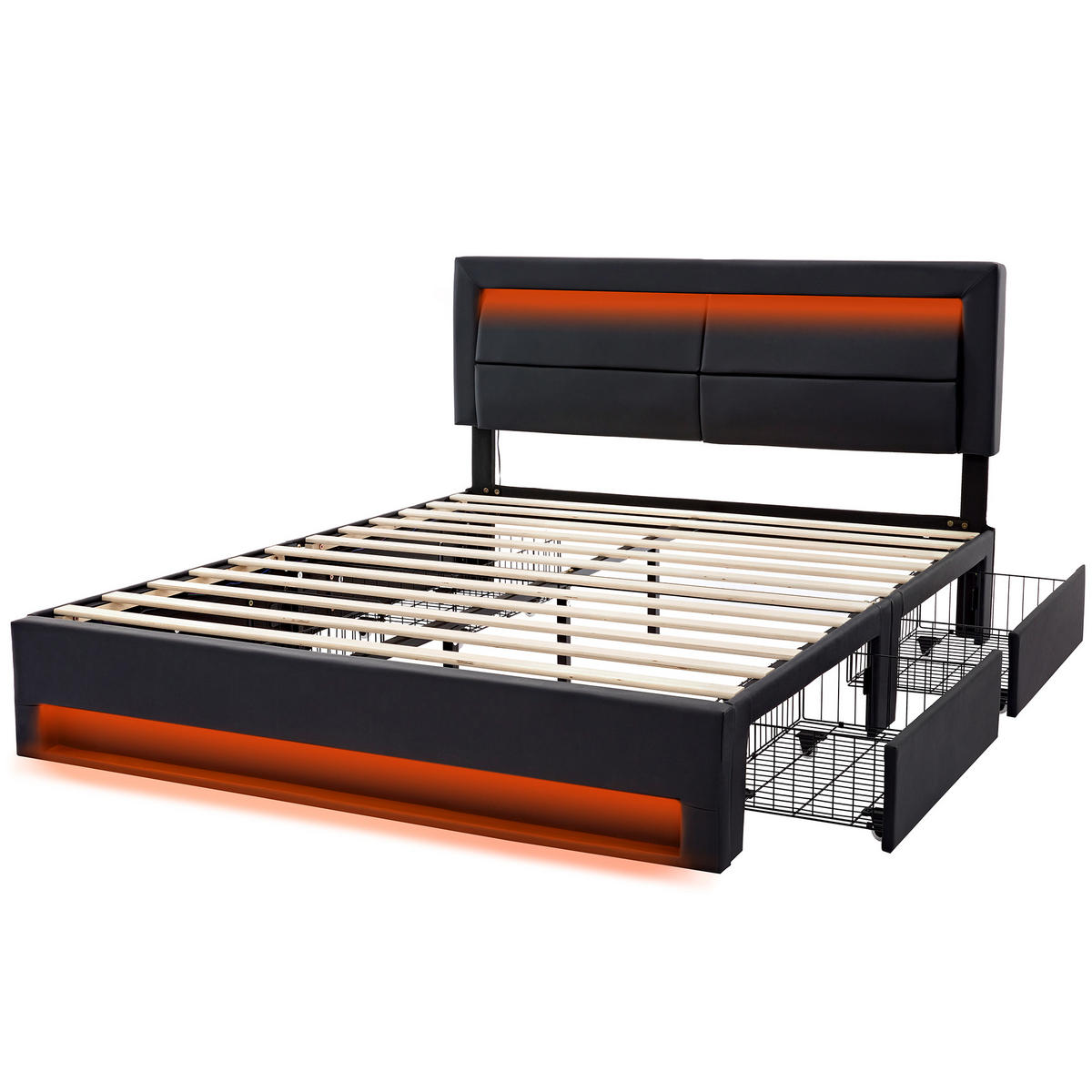 POLSTERBETT 140x190cm Schwarz PU Mit USB LED & 4 Schubladen - Schwarz, Leder (140/190cm) - FLIEKS