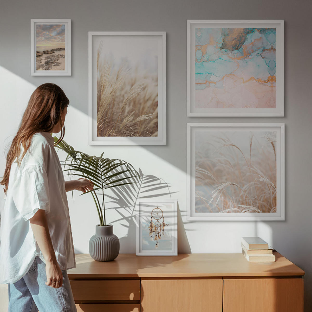 BILDER SET 5er Set - 50x50 cm & 20x30 cm & 40x60 cm Weißer Rahmen - Strand, Boot, Muscheln, Gras, Boho-Stil - Weiß, Kunststoff (40/60cm) - TULUP