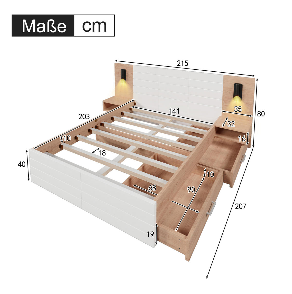 POLSTERBETT aus Massivholz und MDF 140x200 cm in Weiß mit USB & Leselicht - Weiß, Holzwerkstoff (140/200cm) - Modfu