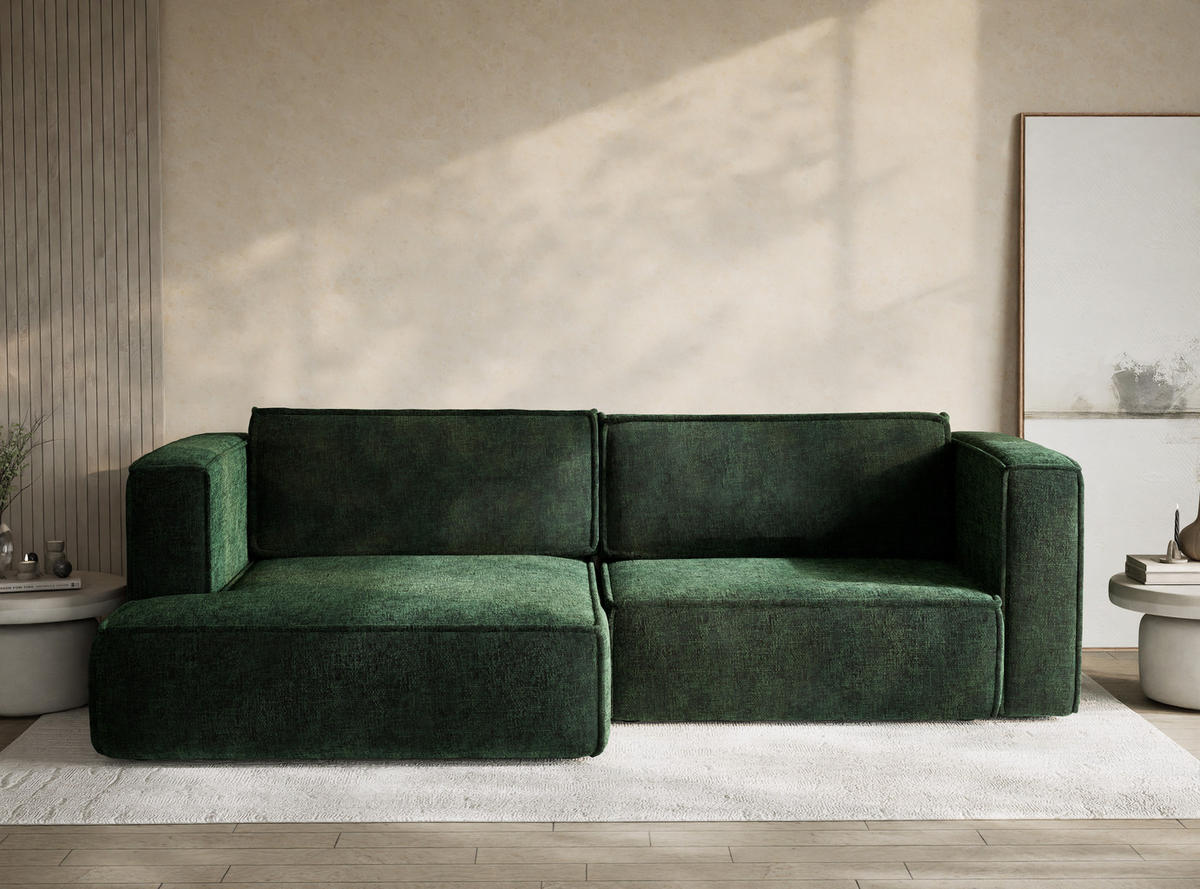ECKSOFA MIT SCHLAFFUNKTION Velto Dunkelgrün Chenille-Stoff - Dunkelgrün/Schwarz, Holz/Holzwerkstoff (152/250cm) - Maison de Reve
