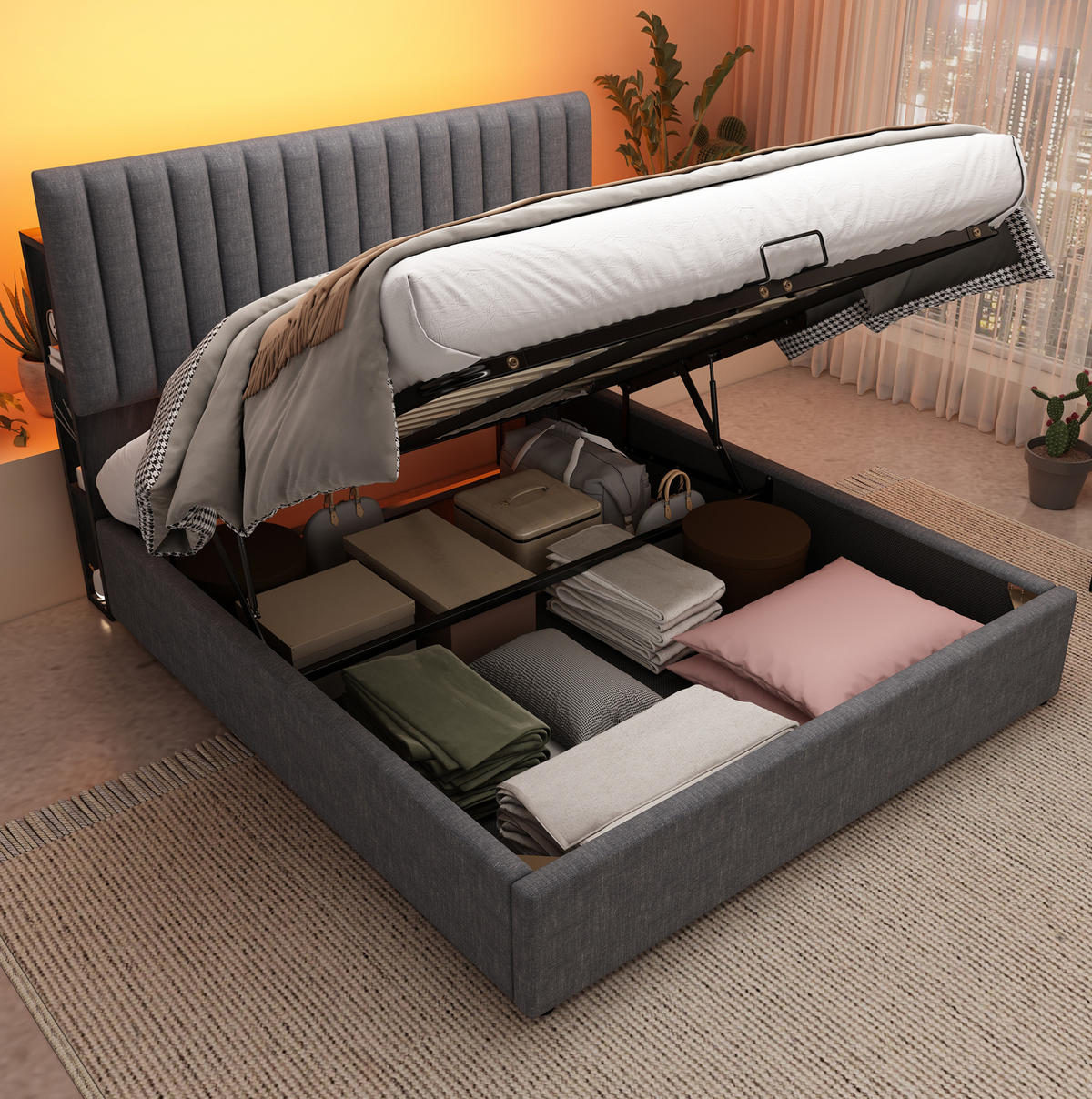 POLSTERBETT 140/200 cm Grau mit Stauraum, LED-Beleuchtung und USB- & Type-C-Anschlüssen - Grau, Textil (140/200cm) - Flora Grace