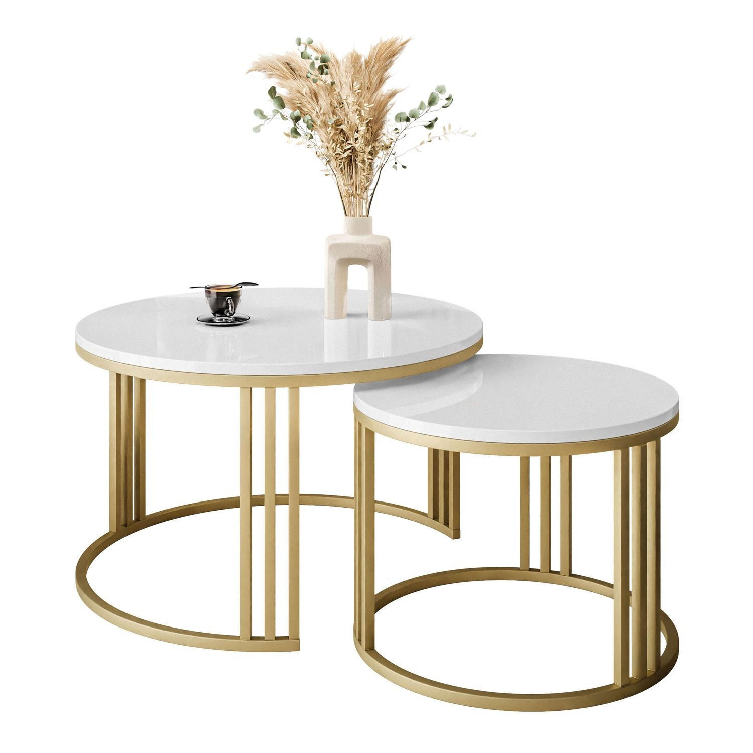 Lookway Couchtisch Gold, Weiß Hochglanz 70x48x70 cm