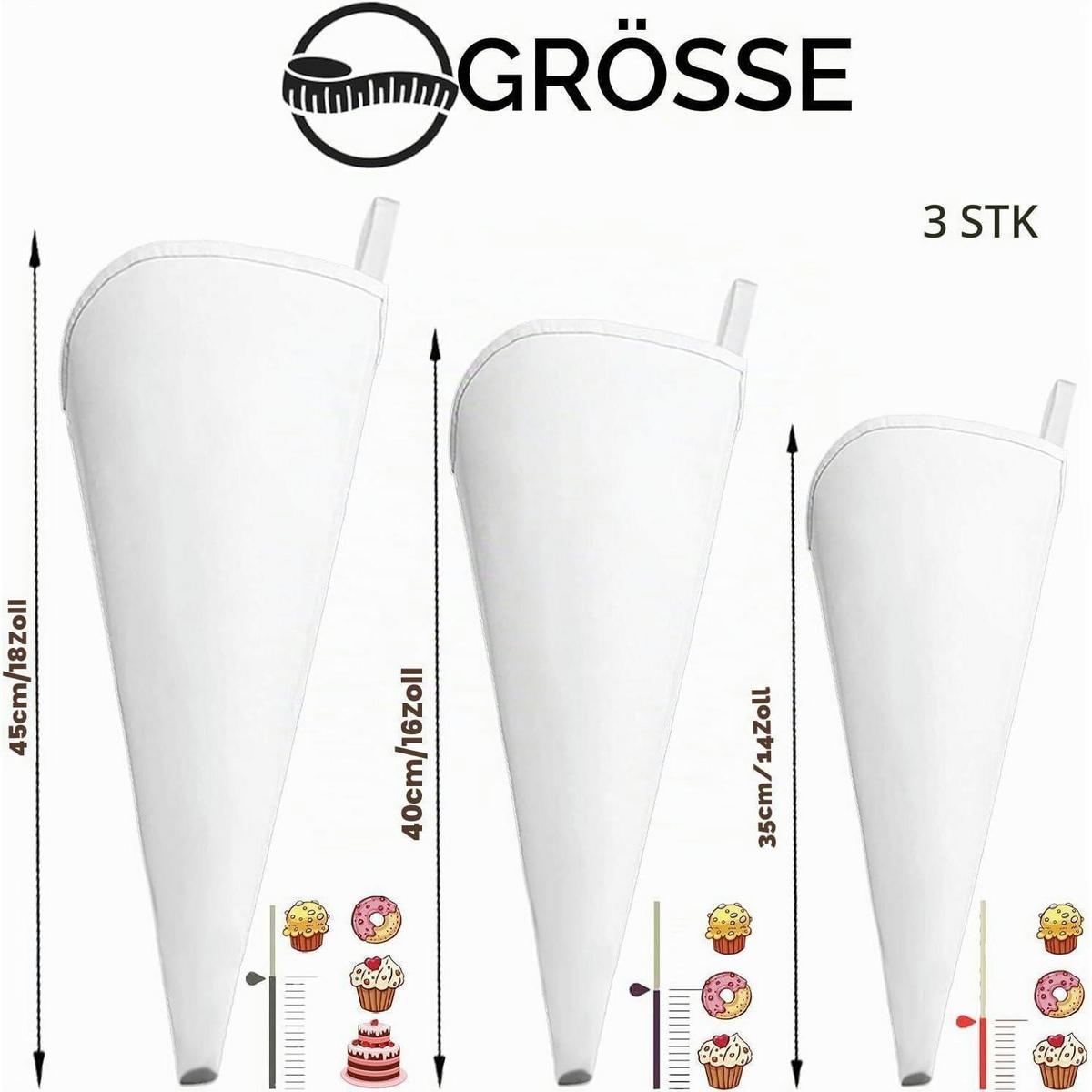 SPRITZBEUTEL 3-teiliges Set 45/40/35 cm Baumwolle beschichtet - Weiß, Textil (18/1/45cm)