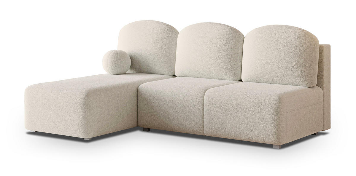 ECKSOFA TRAMA Creme Boucle-Stoff mit Schlaffunktion - Creme, Holz (200/143cm) - MASSENO