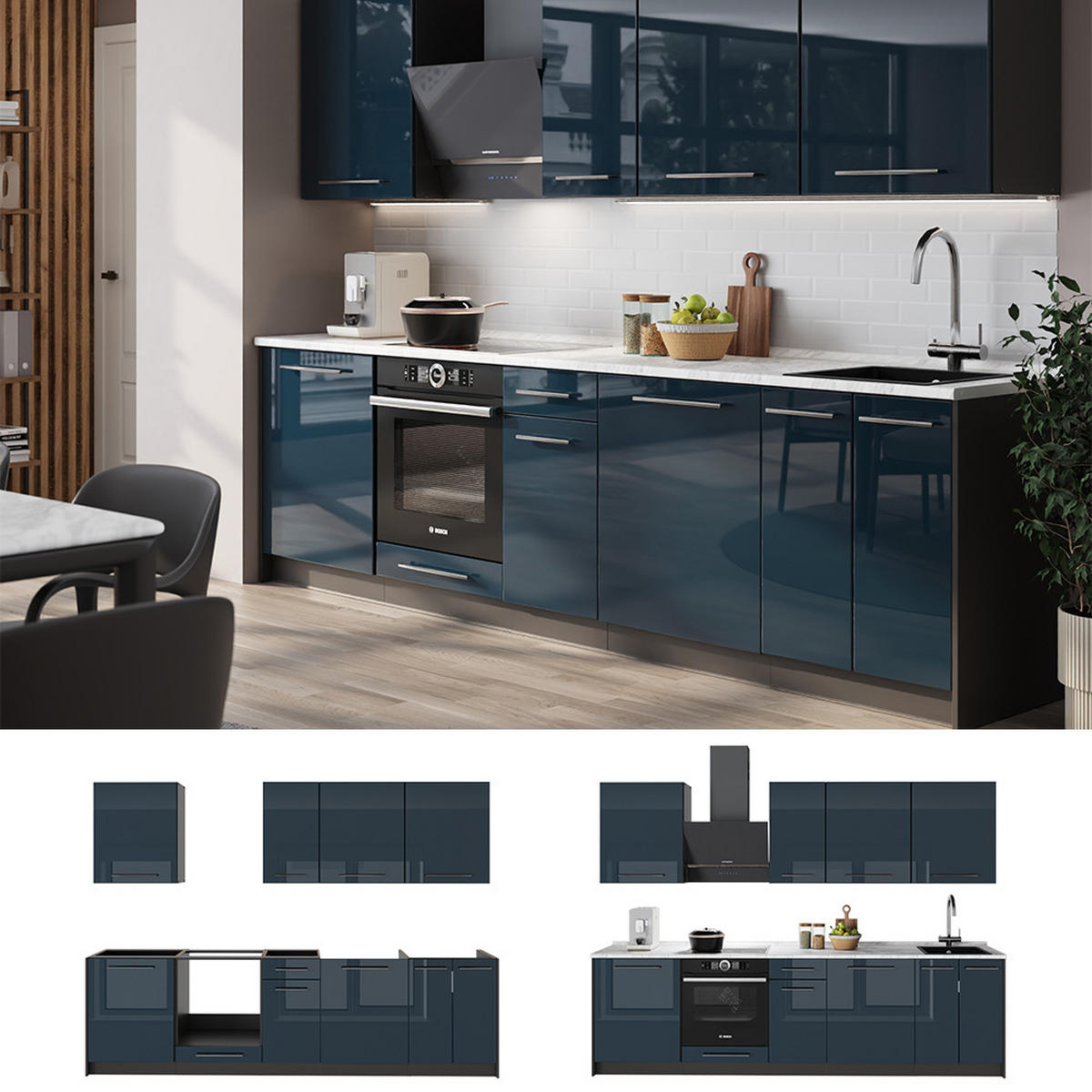 KÜCHENZEILE Fame-Line, Dunkelblau Hochglanz/Anthrazit, 280 cm ohne Arbeitsplatte - Anthrazit/Dunkelblau, Holzwerkstoff (280/82/51.6cm) - Vicco