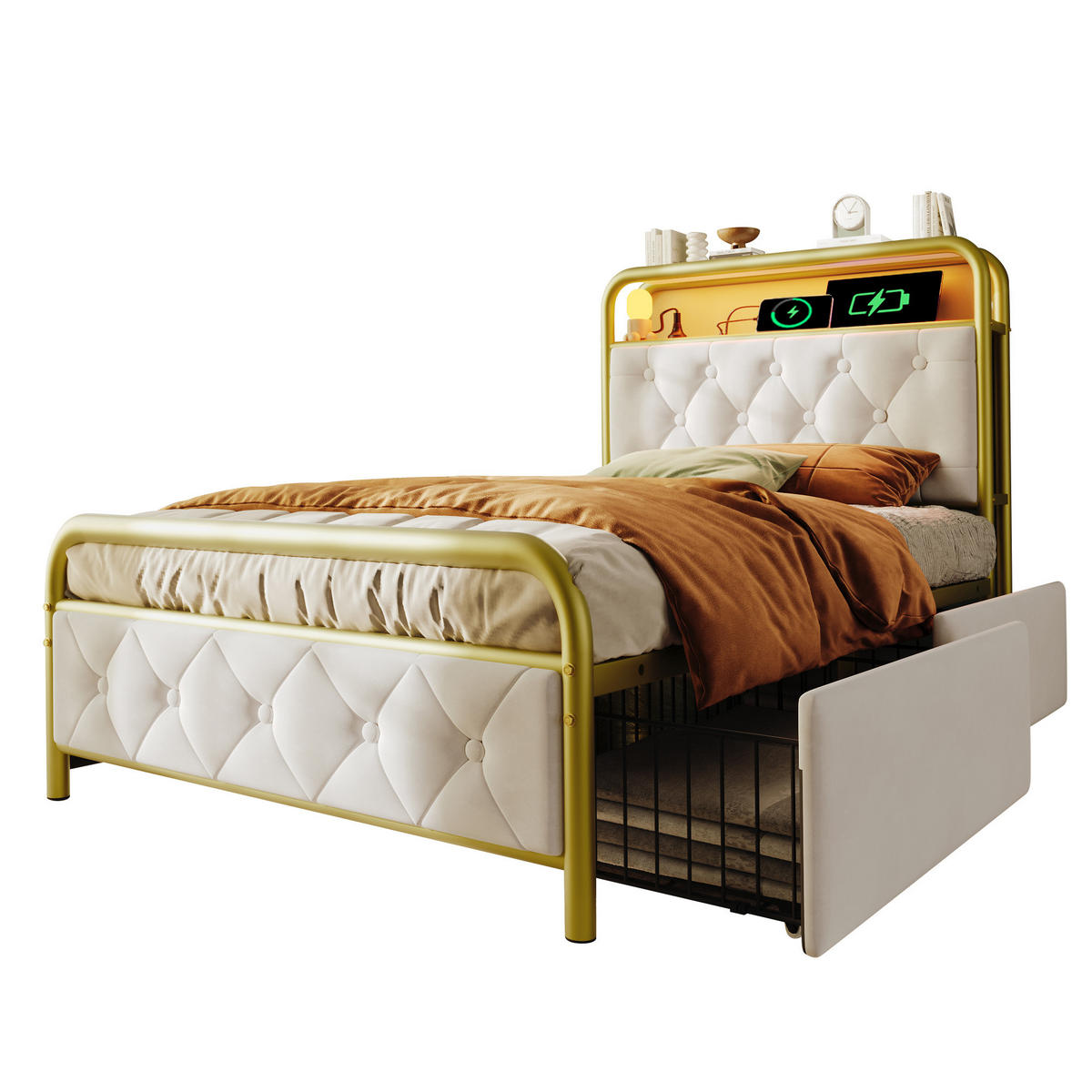 POLSTERBETT 90/200 cm Weiß mit USB- und Type-C-Anschlüssen LED-Beleuchtung - Weiß, Textil (90/200cm) - OKWISH