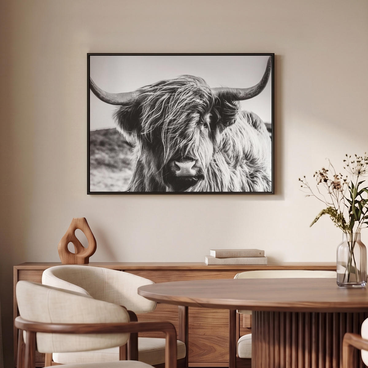 LEINWAND Bilder mit Rahmen - Kuh - Schottischer Hochländer - Schwarz - Weiß - Tier - Natur - Wildtiere - 70x50 - Schwarz, Textil (70/50cm) - MuchoWow