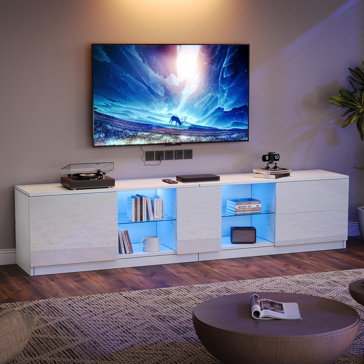 LOWBOARD TV-Schrank 160/40/52 cm für 65 Zoll mit Hochglanz & LED 16 Farben, MDF/Glas, 80 kg Traglast - Weiß, Glas/Holzwerkstoff (160/52/40cm) - EVRYAE