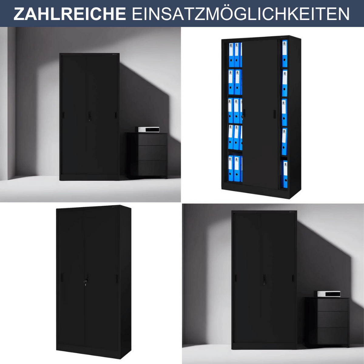 AKTENSCHRANK abschließbar ROLF mit Schiebetüren 185x90x40cm Schwarz - Schwarz, Metall (90/185/40cm) - DELUKE