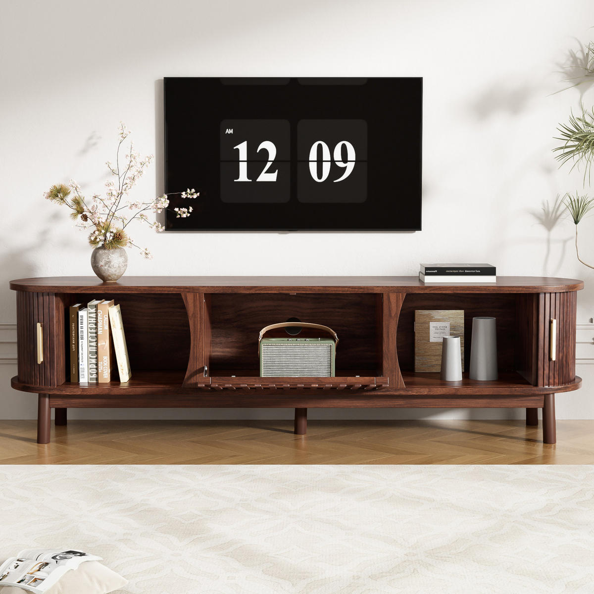 TV stolek 165/39,5/46 cm s posuvnými a výklopnými dvířky, MDF, Hnědá - hnědá, kompozitní dřevo (165/46/39.5cm) - Redom