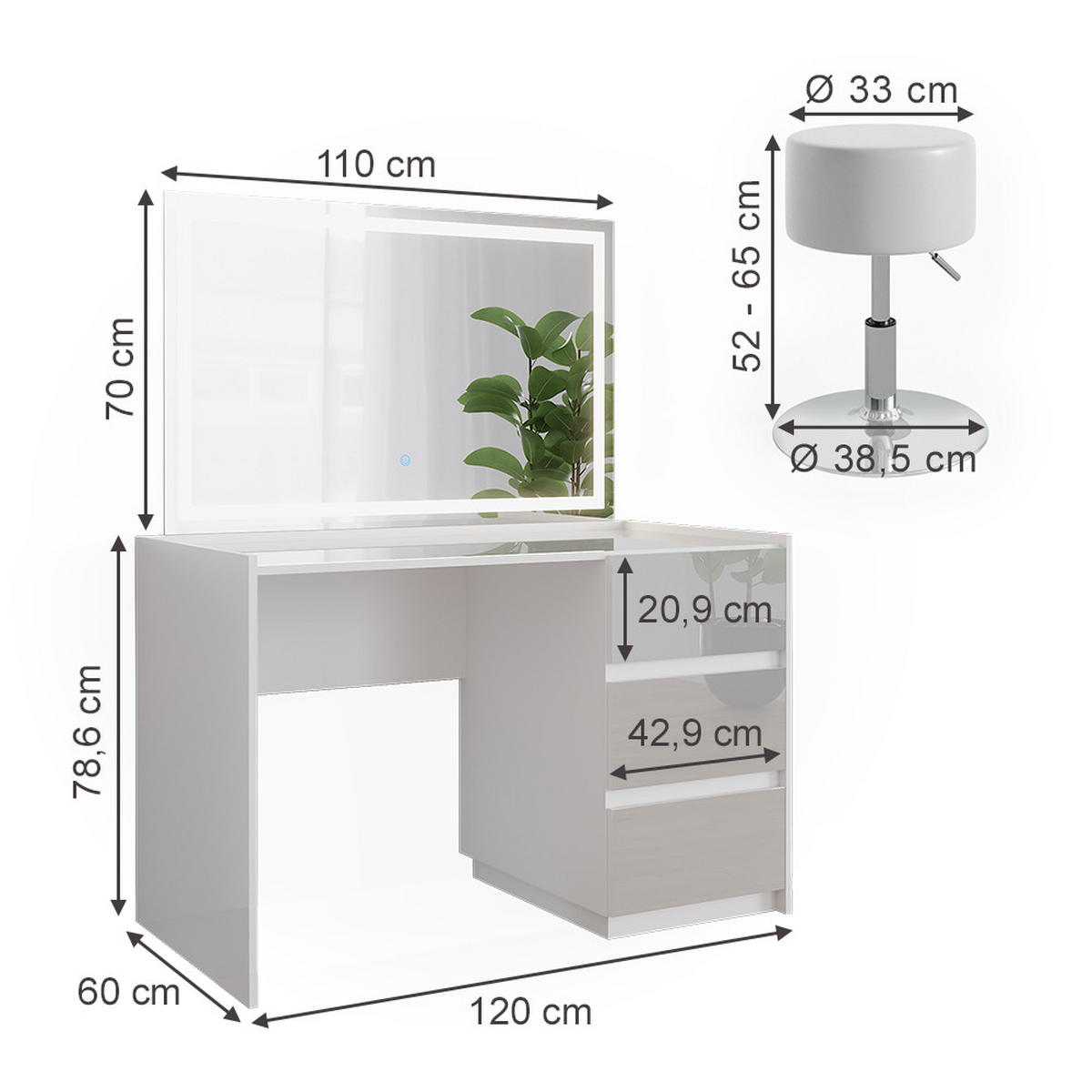 SCHMINKTISCH Marla Weiß Hochglanz 120 cm mit LED-Spiegel und Hocker - Weiß Hochglanz, Holzwerkstoff (120/78.6/60cm) - Vicco
