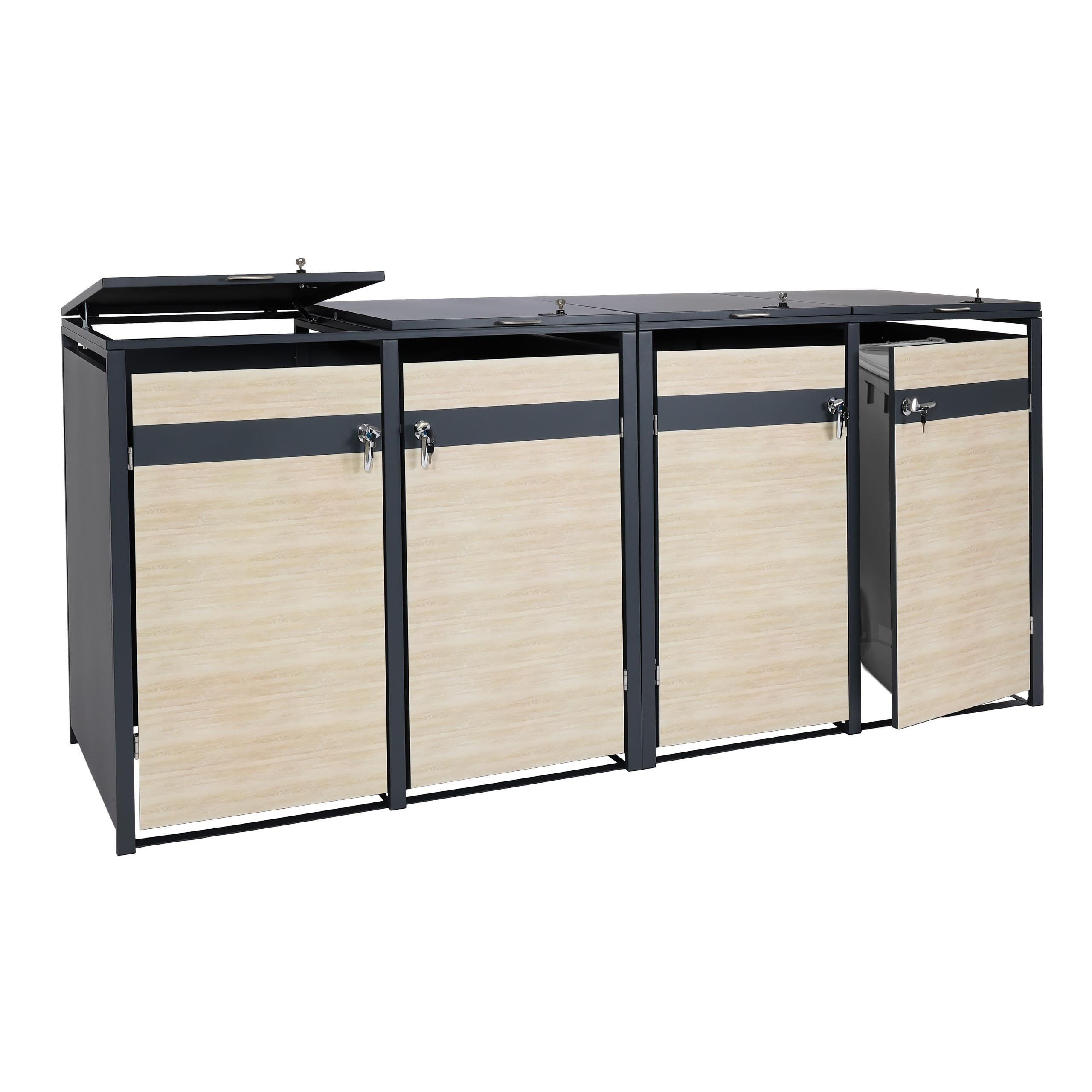 MÜLLTONNENBOX 4er 117x264x80cm Anthrazit Buche-Holzoptik Hellbraun - Hellbraun, Metall (264/117/80cm) - PROREGAL