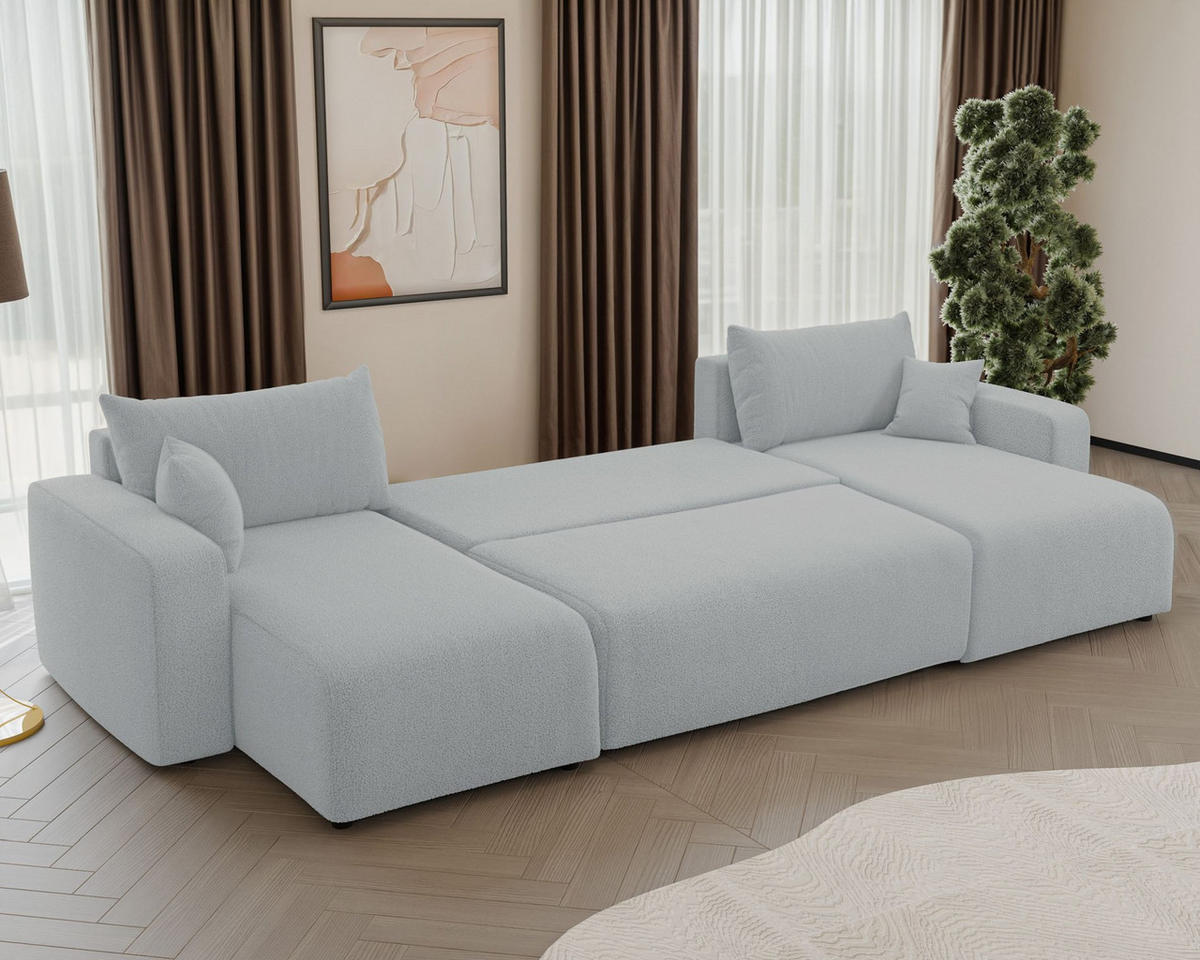WOHNLANDSCHAFT Pianoni Hellgrau Bouclé-Bezug - Hellgrau/Schwarz, Kunststoff/Textil (312/83/140cm) - Selsey