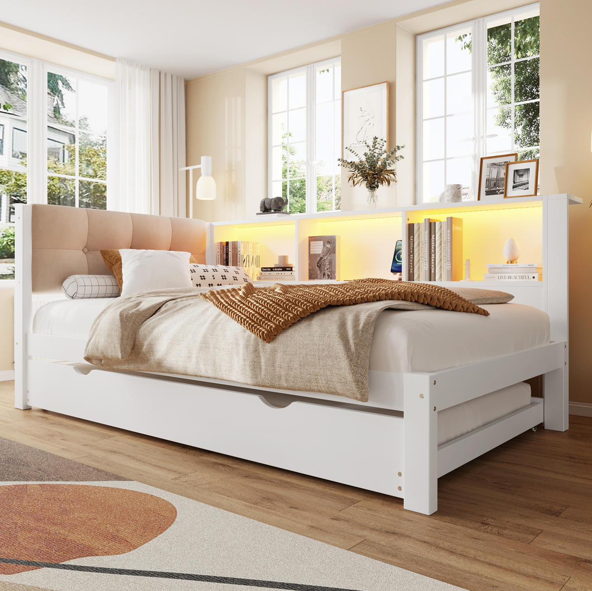 TAGESBETT 90/200 cm mit Ausziehbett, LED-Beleuchtung, USB-Anschluss und Regal, Kiefer/MDF, Weiß - Weiß, Holzwerkstoff (90/200cm) - Redom