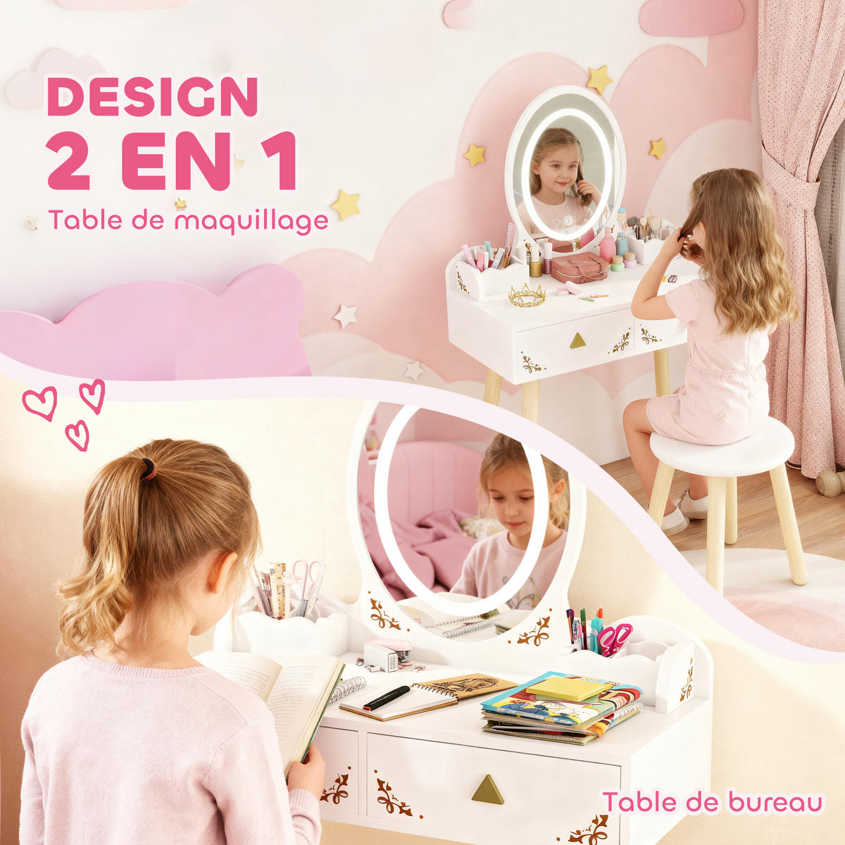 KINDERSCHMINKTISCH DE-18638 2-in-1 mit 3-farbigem LED-Spiegel Weiß - Weiß, Holzwerkstoff (30/99.3/60cm) - ComfortXL