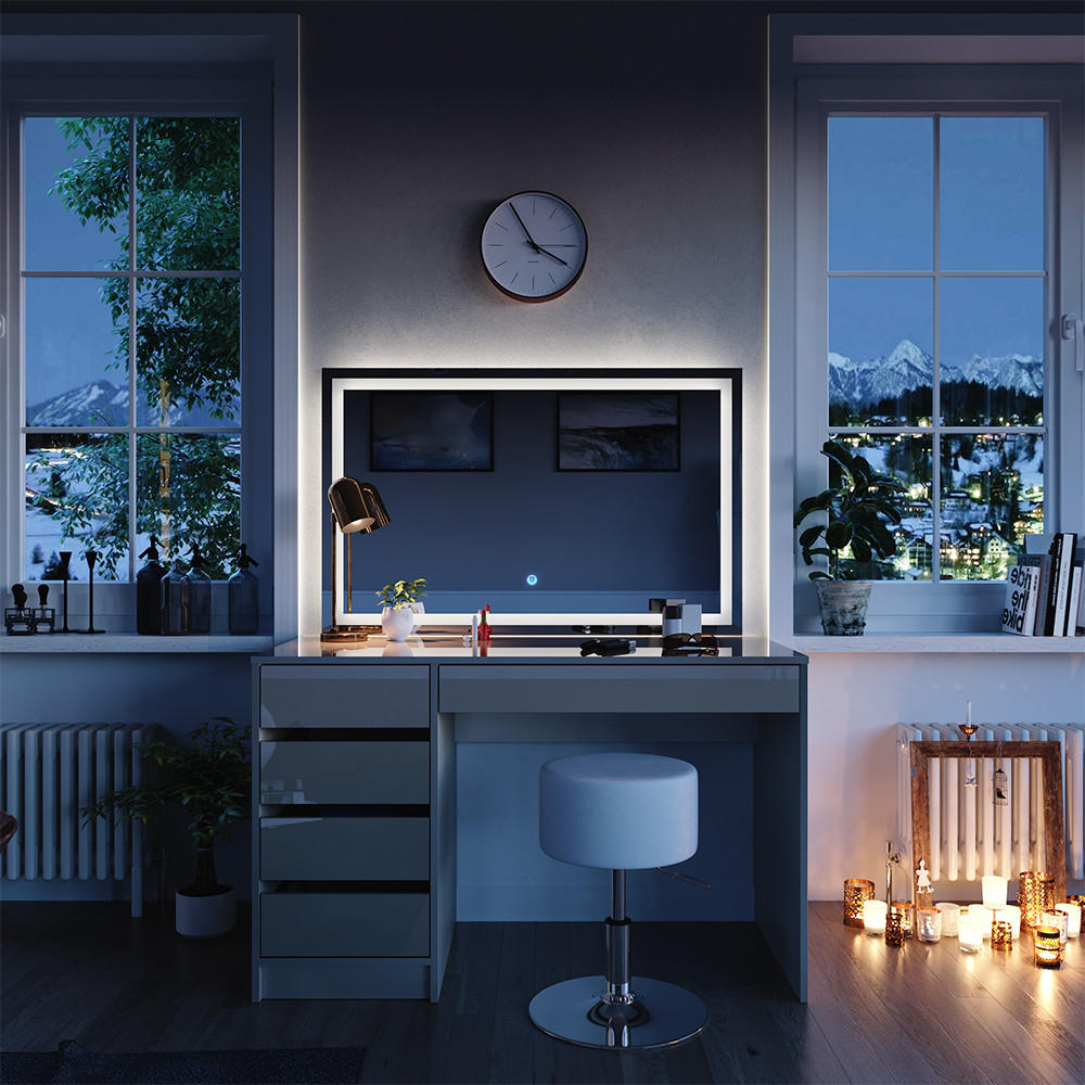 SCHMINKTISCH Sherry Greige 120 cm mit LED-Spiegel und Hocker - Greige, Holzwerkstoff (120/75/55cm) - Vicco