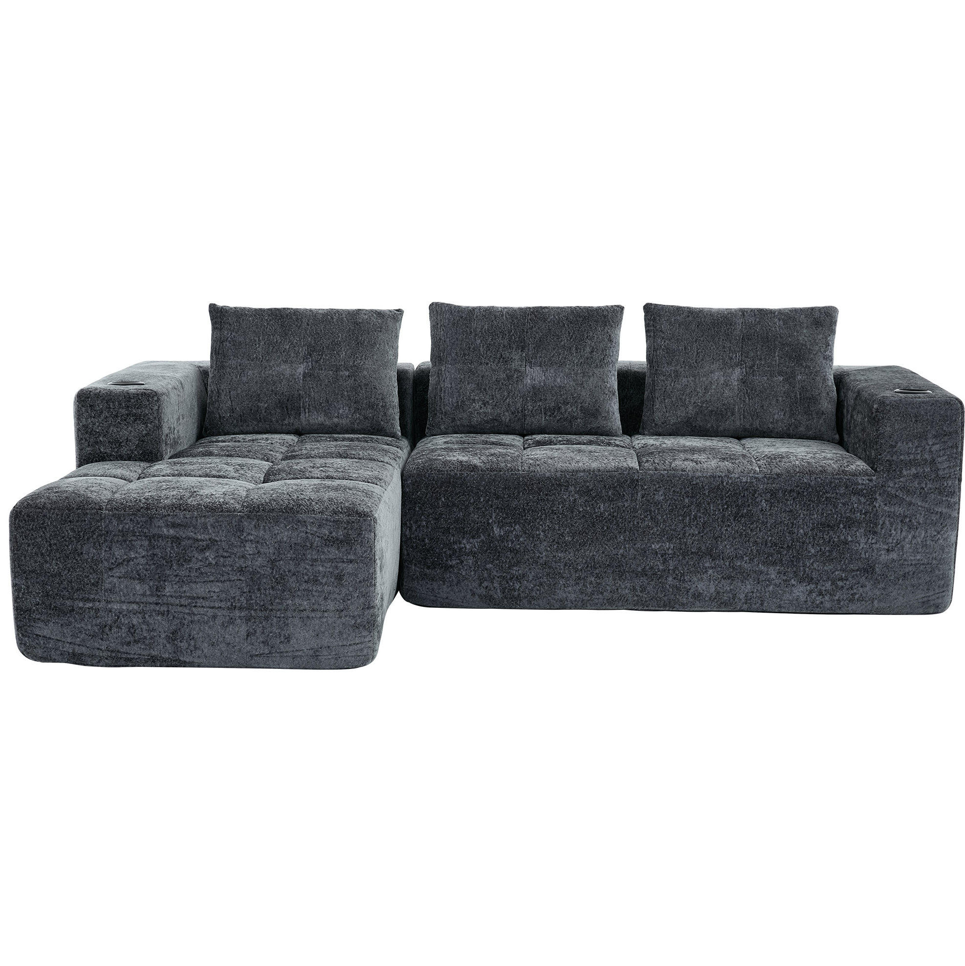 ECKSOFA 258 cm mit Becherhaltern, tiefer Sitzfläche und Chenillebezug, Grau - Grau, Textil (258/163cm) - Redom