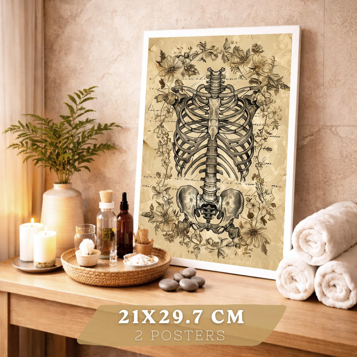 POSTER Set aus 2 Anatomie Mensch Drucke und Wandbilder mit Schädel Wirbelsäule Rippen Becken Klassisches Vintage Design Größe Weißer Rahmen A4 - Weiß, Papier (21/29.7/3cm) - Nacnic