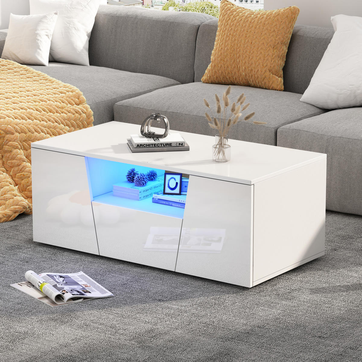 COUCHTISCH 100/50/40 cm mit LED-Beleuchtung, Hochglanz und Stauraum - Weiß, Holzwerkstoff (100/50/40cm) - Flora Grace