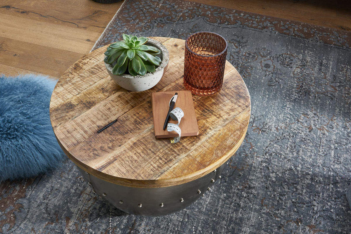 COUCHTISCH Rund in Braun, Massivholz und Metall, Industrial-Stil mit Stauraum - Silberfarben, Holz/Metall (60/60/43cm) - KADIMA DESIGN