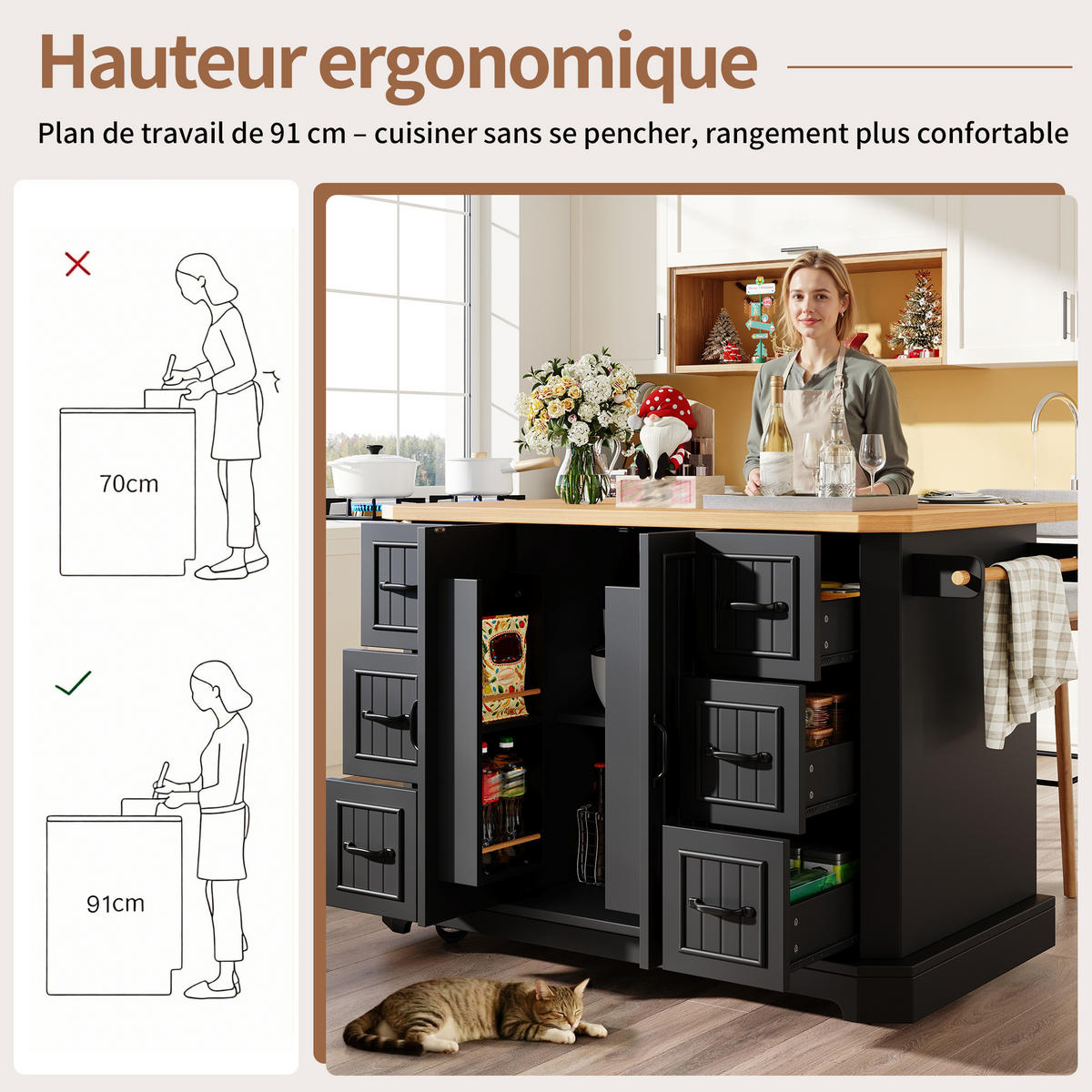 KÜCHENINSEL MOBIL mit 6 Schubladen, 2 Türen, Arbeitsplatte Holzoptik, MDF/Metall, Weiß-Schwarz, 120/45/91 cm - Schwarz, Kunststoff (45/91/120cm) - Rolipo
