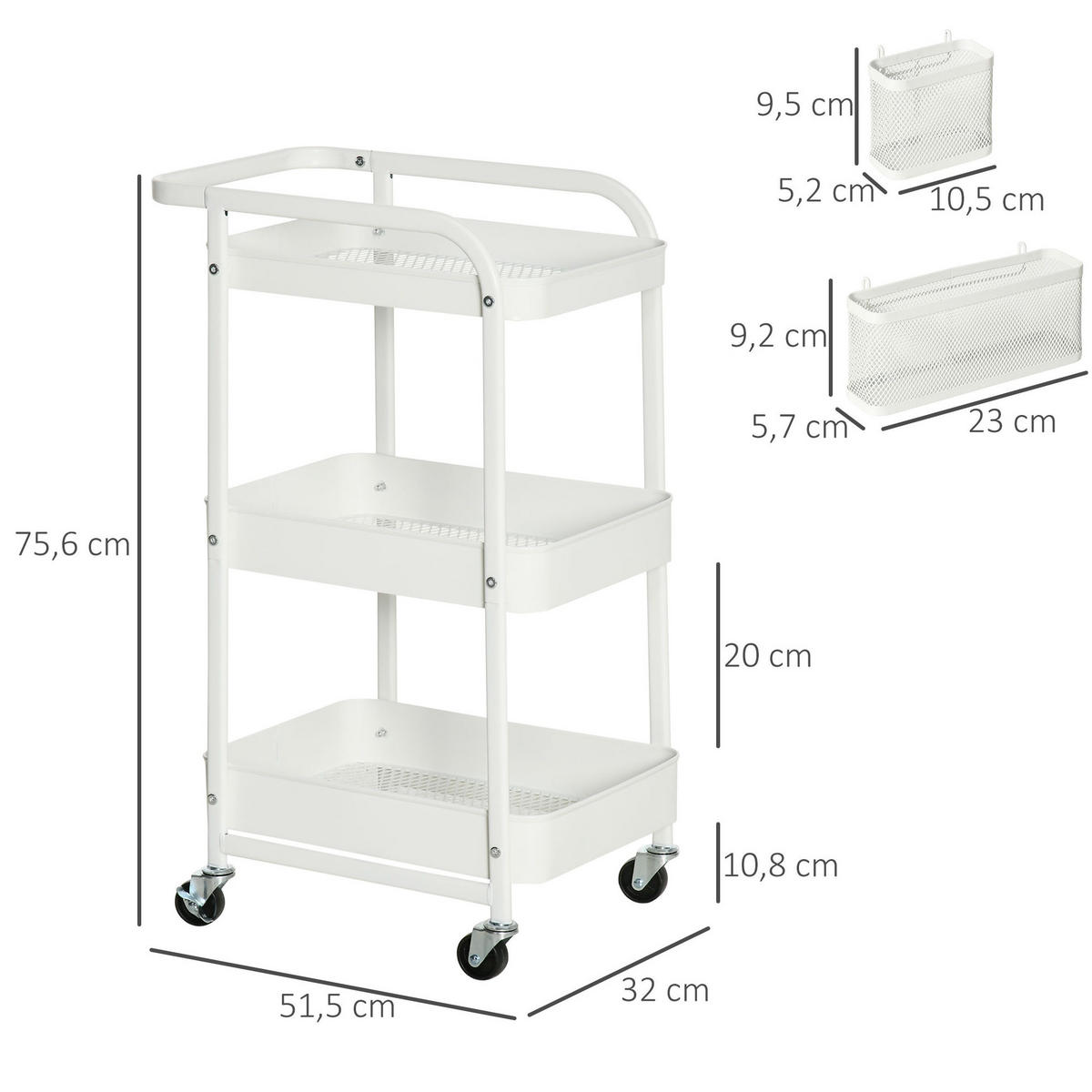 KÜCHENWOLLWAGEN 51.5x32x75.6cm Weiß aus Stahl mit 3 Körben, Seitenhaken & 4 Rollen - Weiß, Metall (32/75.6/51.5cm) - Modfu