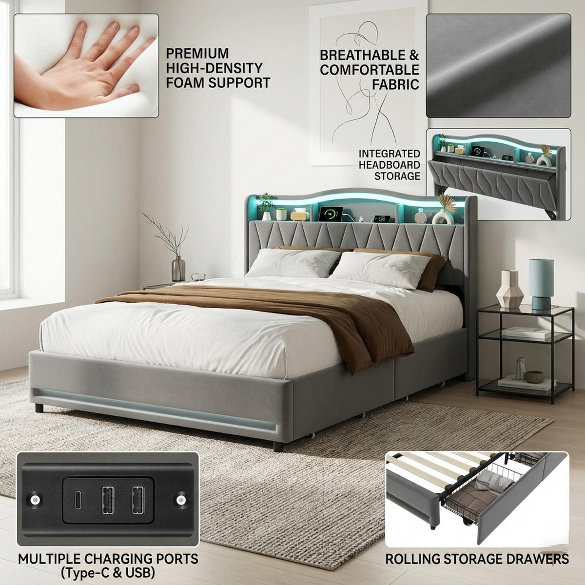 POLSTERBETT Geometrisch 160/200 cm mit 4 Schubladen & App-LED Samtoptik Grau - Grau, Textil (160/200cm) - Creahappy