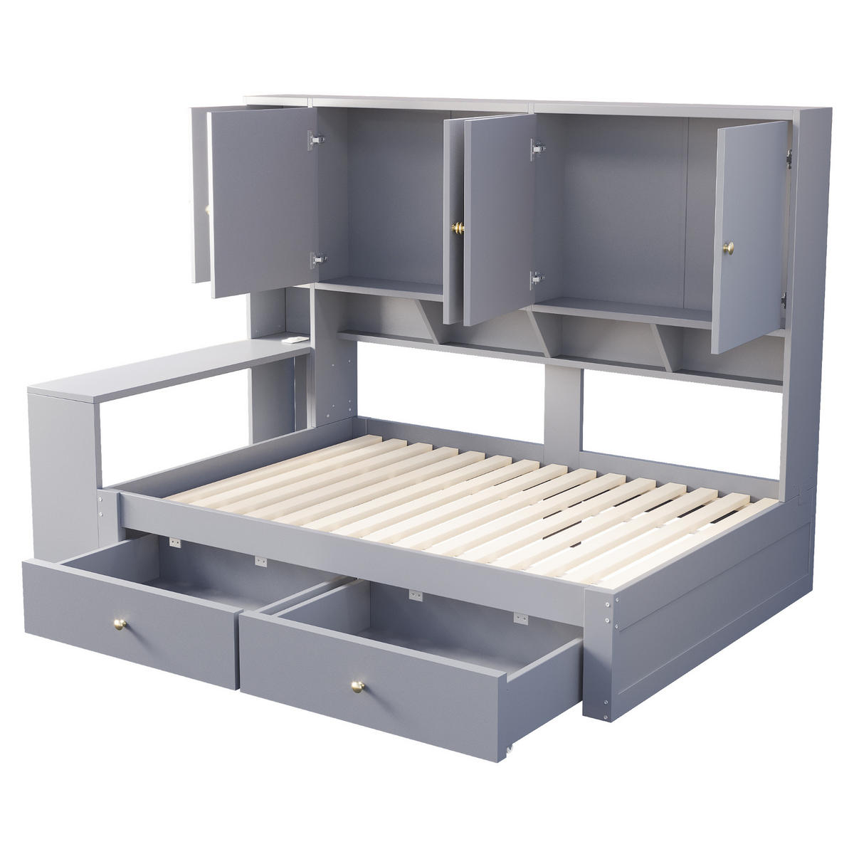 STAURAUMBETT 90/200 cm mit Schreibtisch, LED und Schubladen, DE-41644, in Grau - Grau, Holzwerkstoff (90/200cm) - ComfortXL