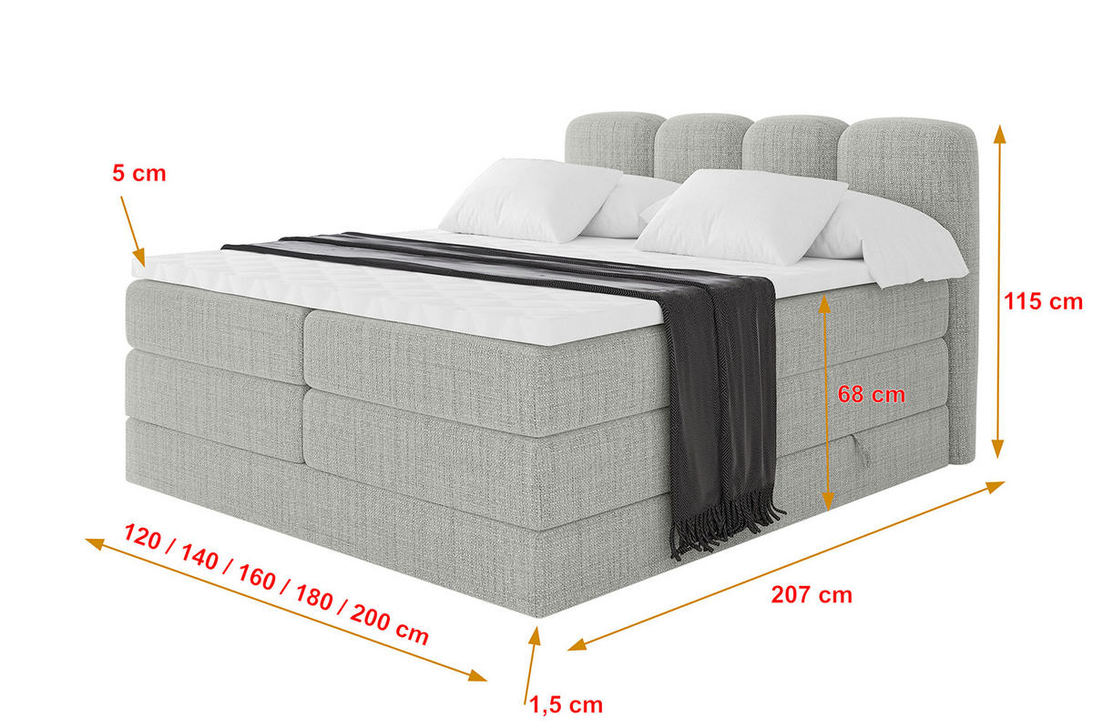 BOXBETT mit Matratze H3|H4 - NINA KING - 200x200 cm - Hellgrau - Hellgrau, Holzwerkstoff (200/200cm) - ALTDECOR