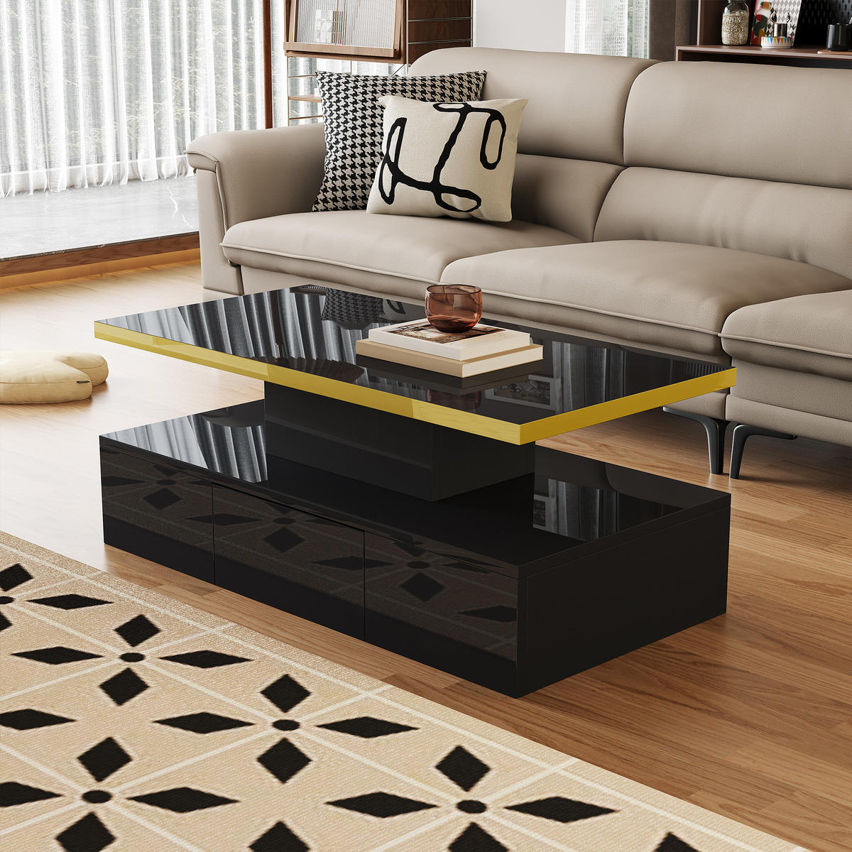 COUCHTISCH Hochglanz mit 2 Ebenen, Schubladen und LED-Licht - Schwarz, Holzwerkstoff (100/50/39cm) - Korfee