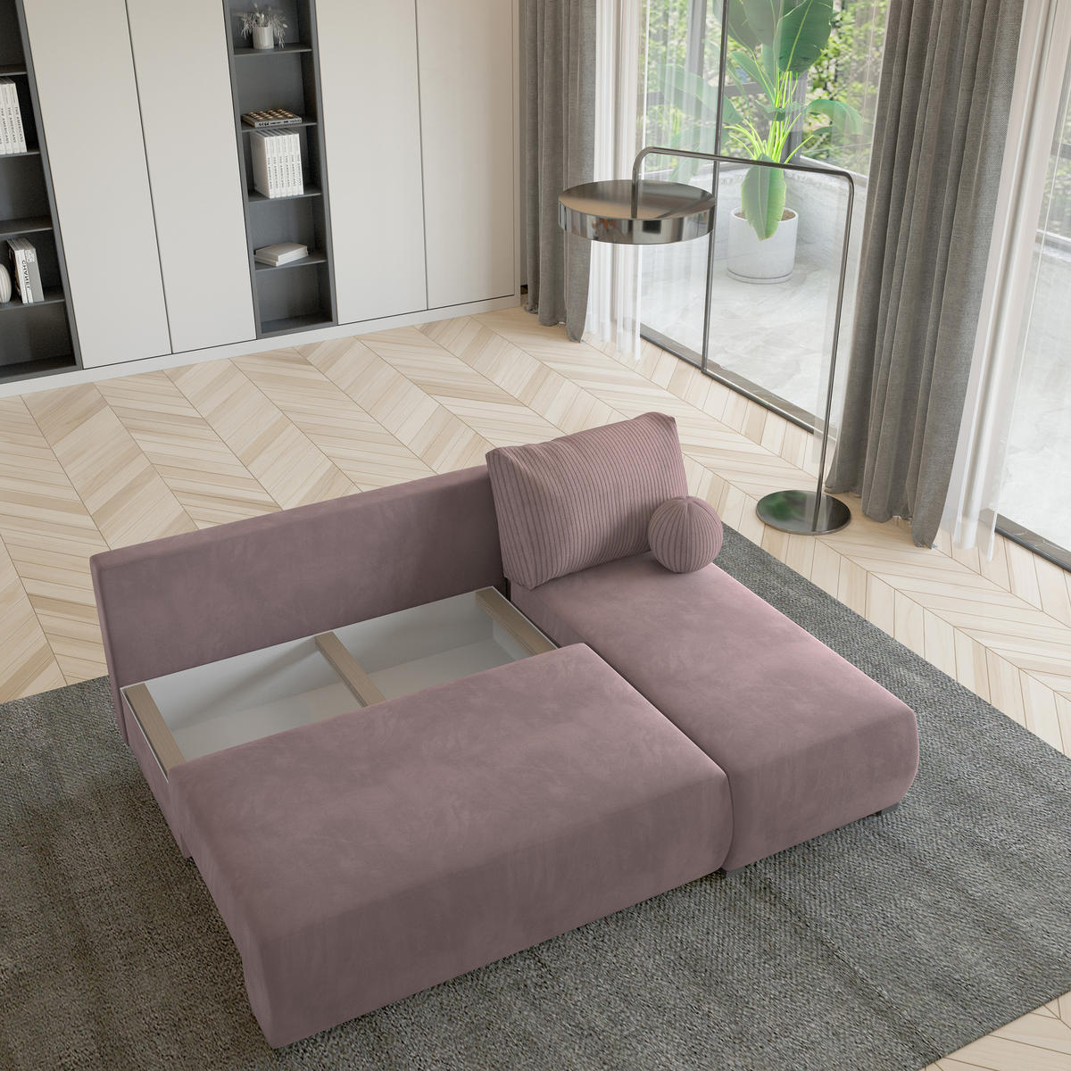 ECKSOFA PARVELO Rosa Plüsch-Stoff mit Schlaffunktion - Rosa, Holz (200/143cm) - MASSENO