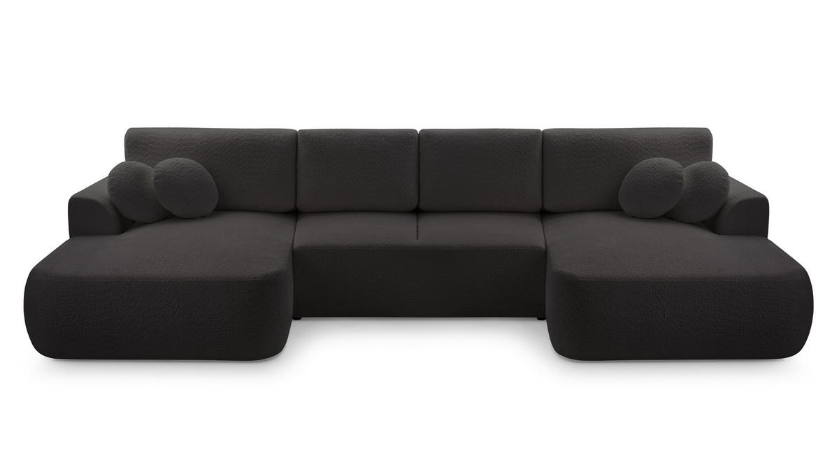 WOHNLANDSCHAFT FILO Schwarz Boucle-Stoff mit Schlaffunktion - Schwarz, Holz (364/87/168cm) - MASSENO