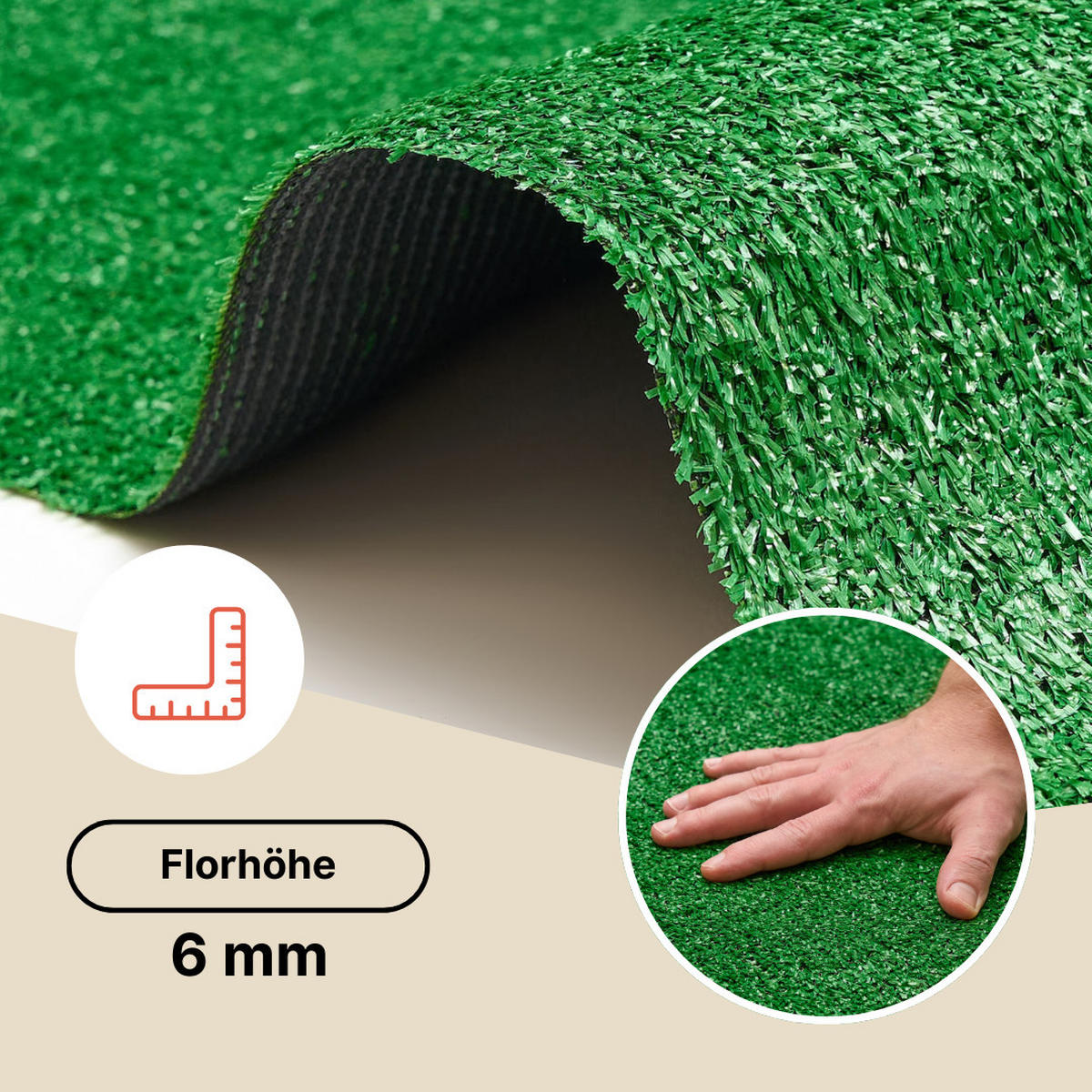 NATURAL 6 mm – Wetterfester Rasenteppich für Balkon & Terrasse, UV-beständig 200/950 cm - Grün, Textil (200/950cm) - Tapiso
