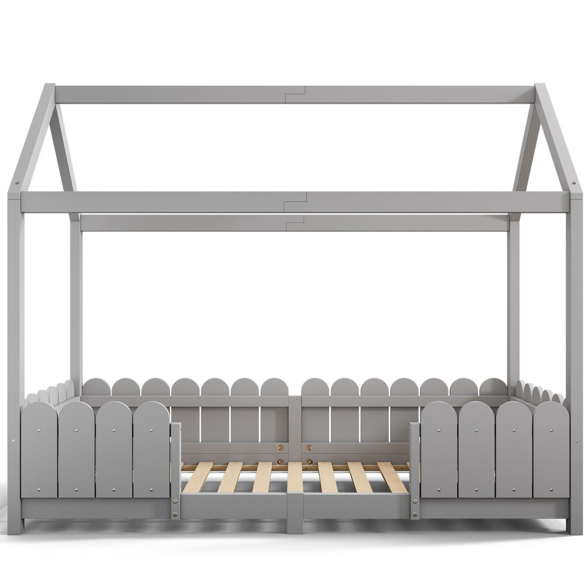 POSTELJA v obliki hiše 90/200 cm siva iz borovega lesa in MDF z varovalno ograjo ter letvenim dnom - siva, les (90/200cm) - OKWISH