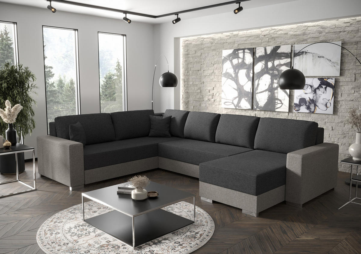 WOHNLANDSCHAFT Prado rechts mit Schlaffunktion und Bettzeugcontainer - Beige/Grau, Textil (314/88/210cm) - SIMKAM Furniture