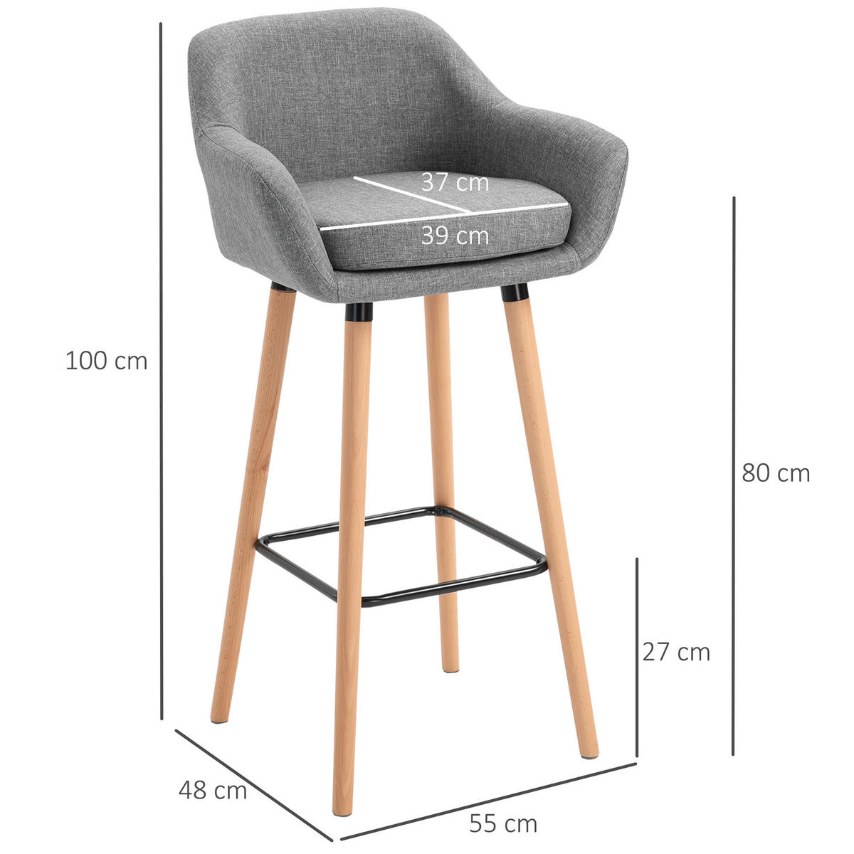 BARHOCKER, Buchenholzbeine, Metall, Grau - Grau, Holz (48/100/55cm) - HOMCOM