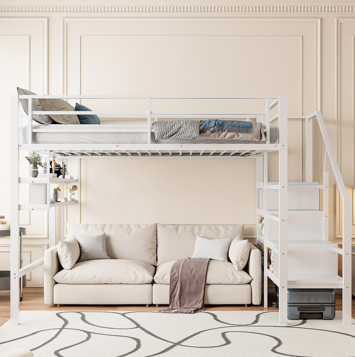 HOCHBETT 140/200 cm aus Metall und MDF mit Stauraumleiter und Regalen Weiß - Weiß, Metall (140/200cm) - Modenvie