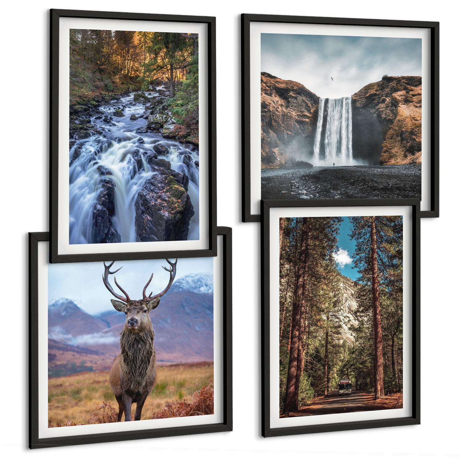 BILDER SET 4er Set - 50x50 cm & 40x60 cm Schwarzer Rahmen - Wasserfall Wald Berge Hirsch Natur - Schwarz, Kunststoff (50/50cm) - TULUP