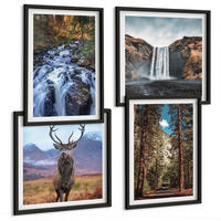 BILDER SET 4er Set - 50x50 cm & 40x60 cm Schwarzer Rahmen - Wasserfall Wald Berge Hirsch Natur - Schwarz, Kunststoff (50/50cm) - TULUP