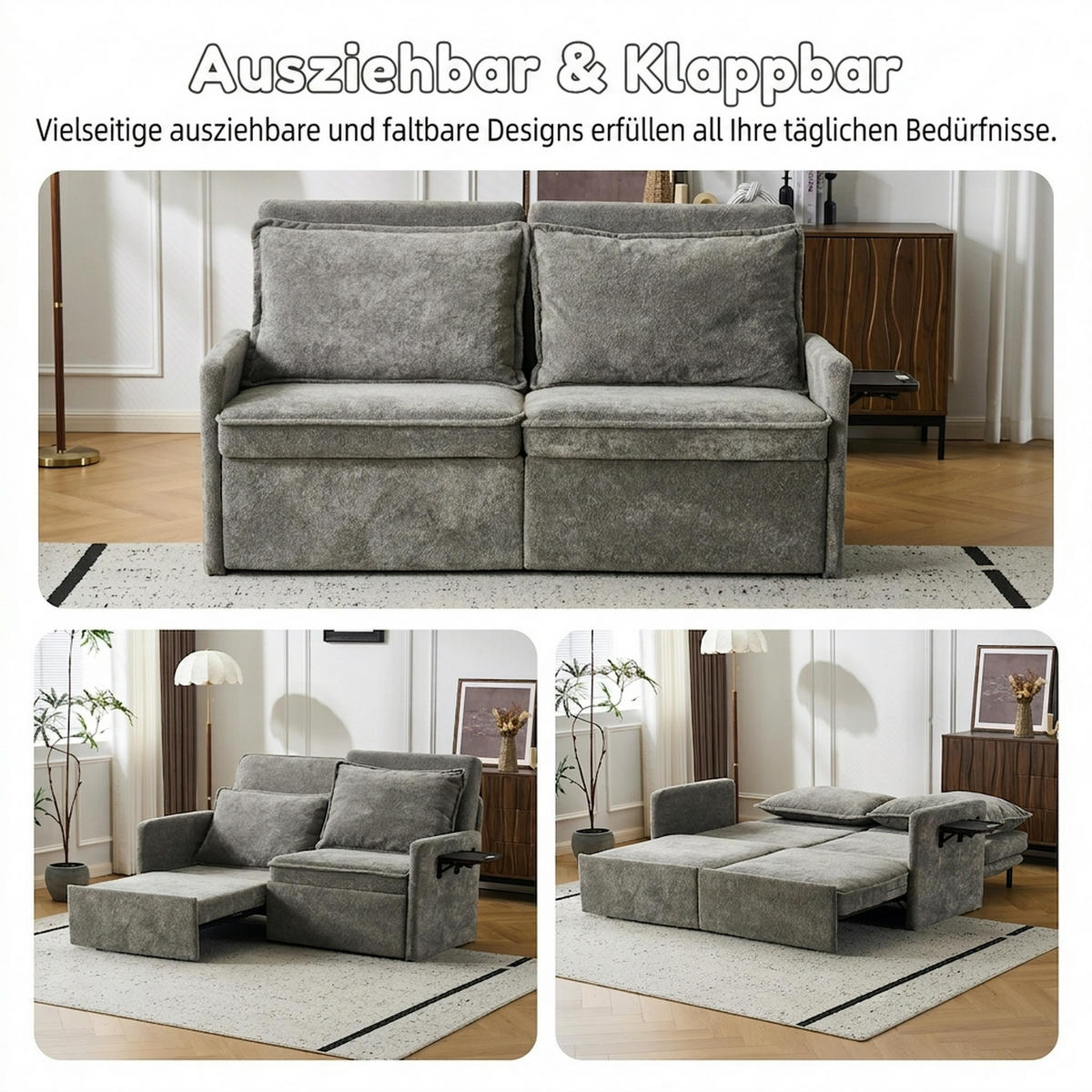 SCHLAFSOFA 172.5/71/95 cm Grau mit USB-Anschluss, 5-fach verstellbarer Rückenlehne und Stauraum - Grau, Textil (71/95/172.5cm) - Oxeza