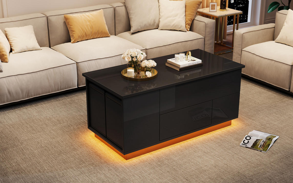 KONFERENČNÍ stolek 100/50/45 cm, černý, s LED, výškově nastavitelný s úložným prostorem - černá, kompozitní dřevo (100/50/45cm) - BEAOK