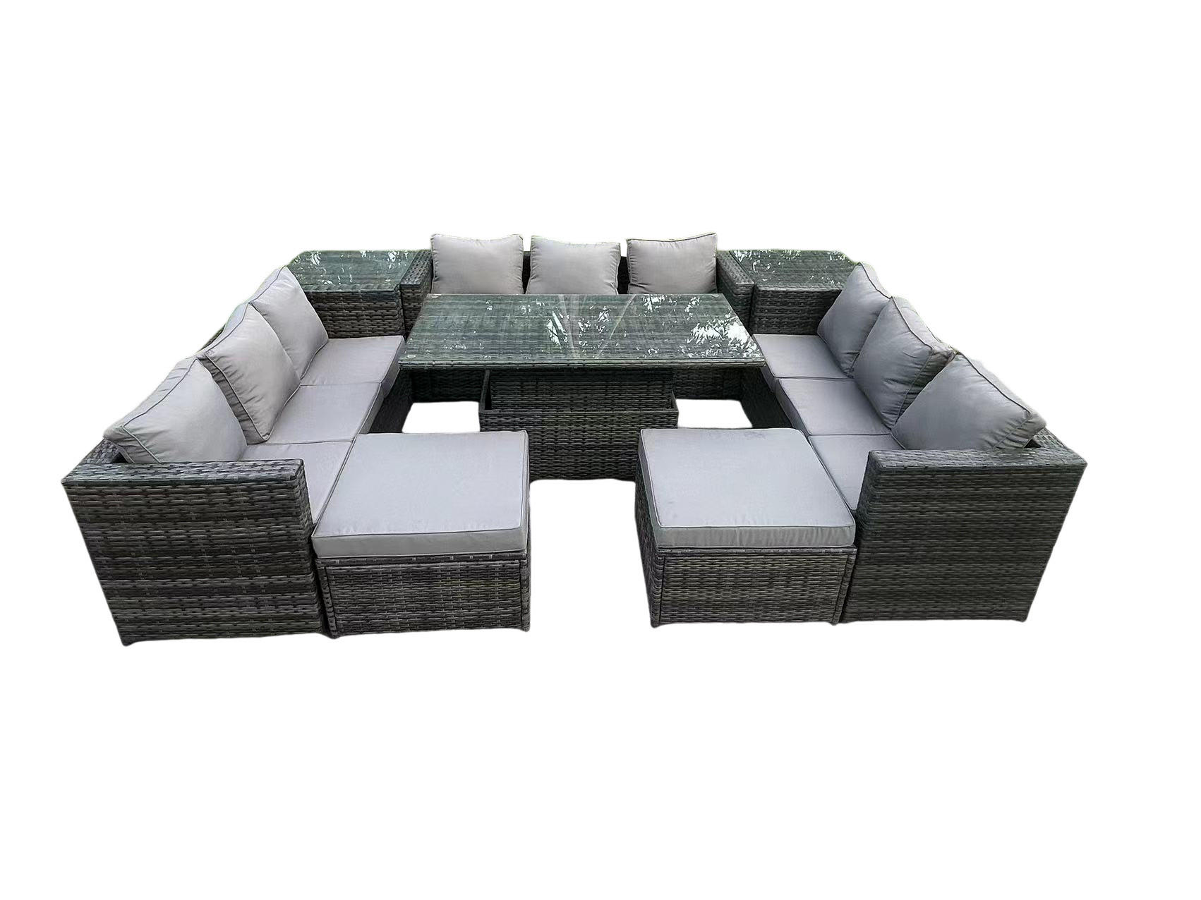 GARTENMÖBEL HÖHENVERSTELLBARER ESSTISCH SET MIT BEISTELLTISCH Polyrattan Outdoor 11-Sitzer - Dunkelgrau/Grau, Glas/Kunststoff - Fimous