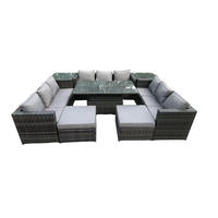 GARTENMÖBEL HÖHENVERSTELLBARER ESSTISCH SET MIT BEISTELLTISCH Polyrattan Outdoor 11-Sitzer - Dunkelgrau/Grau, Glas/Kunststoff - Fimous