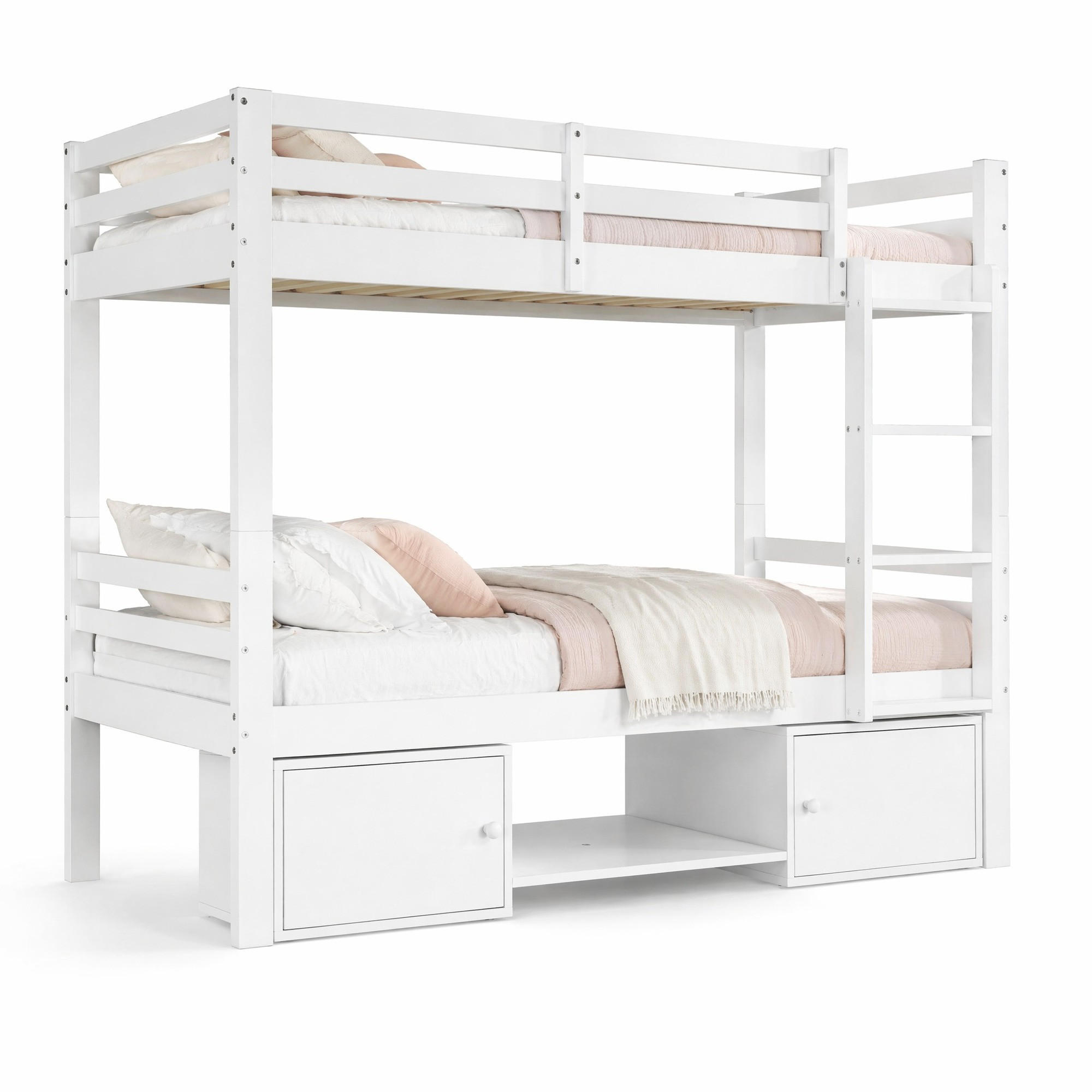 CHICFURN PATROVÁ POSTEL 90/200 cm & 90/200 cm v bílé barvě s policemi a uzavřenými přihrádkami