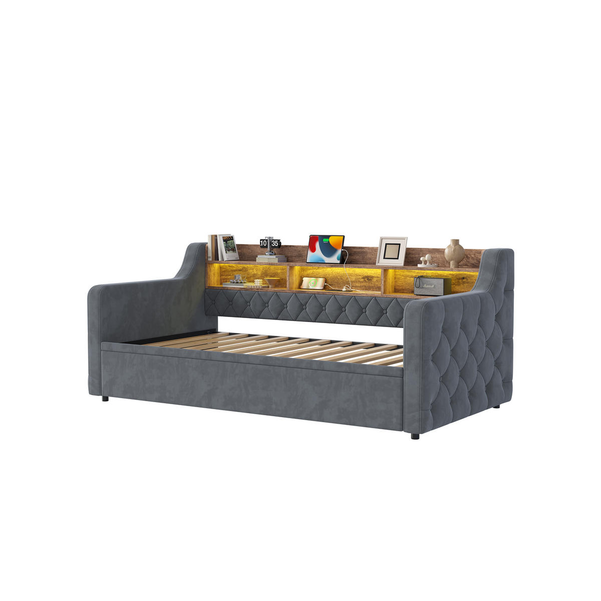 ROZKLÁDACÍ POHOVKA 90/190 cm v tmavě šedé barvě se sametem, LED, USB a Type-C - tmavě šedá, kov/kompozitní dřevo (90/190cm) - CHICFURN