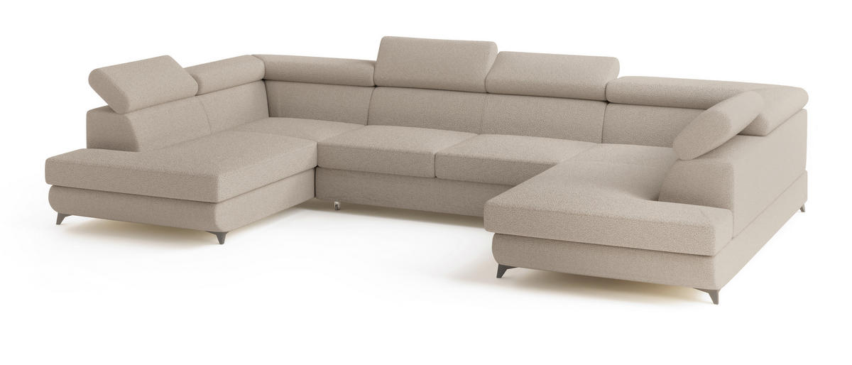 WOHNLANDSCHAFT VINTESSA Beige Boucle-Stoff mit Schlaffunktion - Beige, Holz (323/89/190cm) - MASSENO