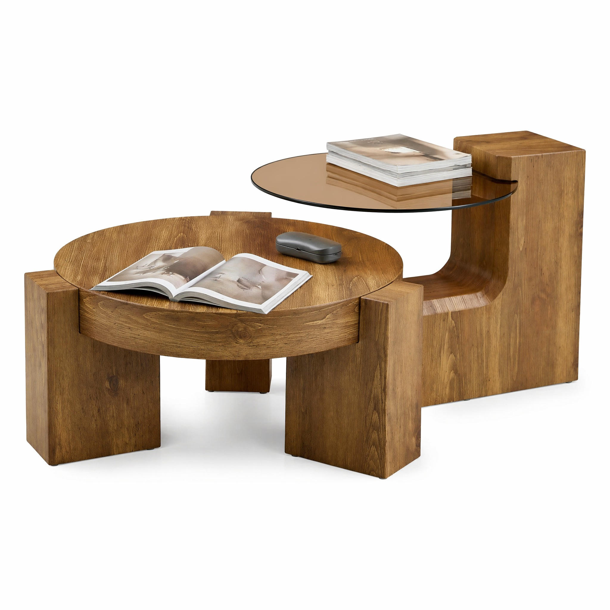 COUCHTISCH in Naturfarbe 2er-Set Couchtisch-Kombination mit Glasplatte für Wohnzimmer, B44/T62/H44 cm, Ø61/H30 cm - Naturfarben, Glas/Holzwerkstoff (61/61/30cm) - STILVORA