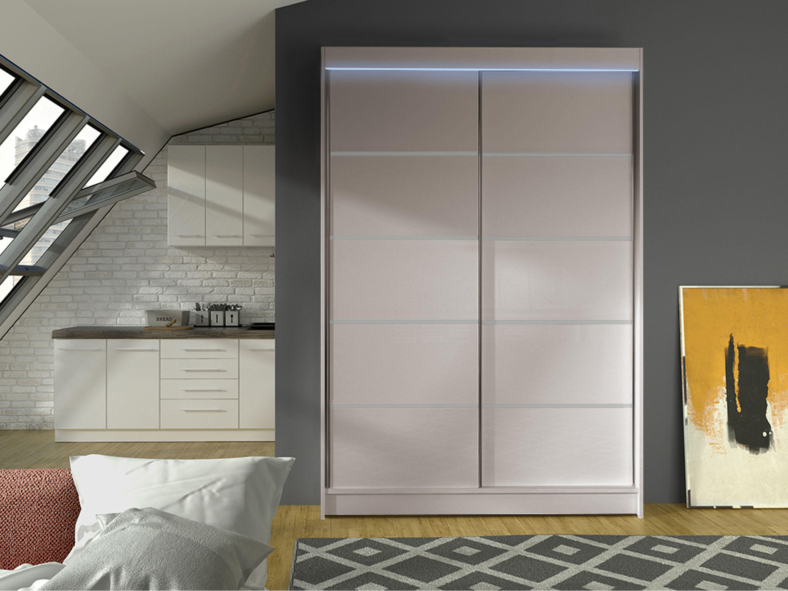 SCHWEBETÜRENSCHRANK Lino IV mit RGB LED Beleuchtung - Kaschmir, Holzwerkstoff/Metall (120/200/58cm) - MIRJAN24