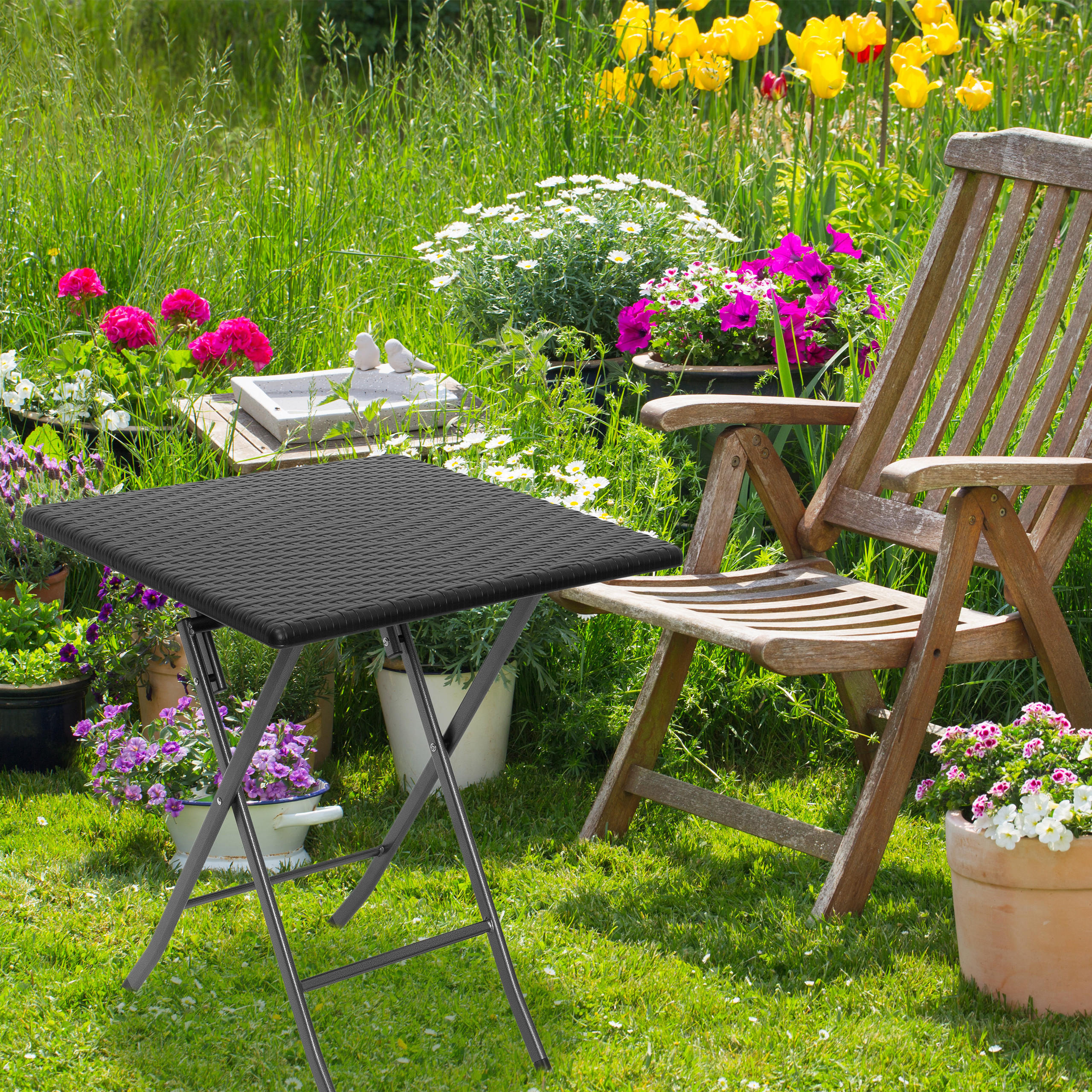 GARTENTISCH - Schwarz, Kunststoff/Metall (61.5/61.5/74cm) - Relaxdays